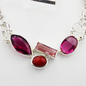 Red Jade, smoke and pink quartz in sterling silver necklace and earrings