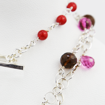 Red Jade, smoke and pink quartz in sterling silver necklace and earrings