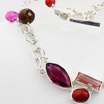 Red Jade, smoke and pink quartz in sterling silver necklace and earrings