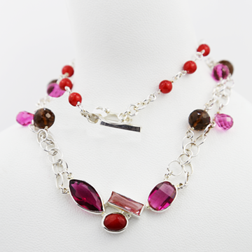 Red Jade, smoke and pink quartz in sterling silver necklace and earrings