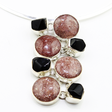 Raspberry Aventurine and Obsidian in Sterling Silver Pendant