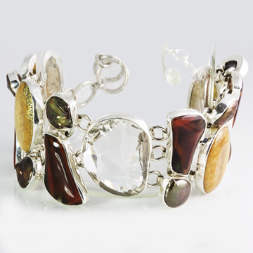 .925 Sterling silver, Quartz, mother pearl, fire agate and yellow aventurine.