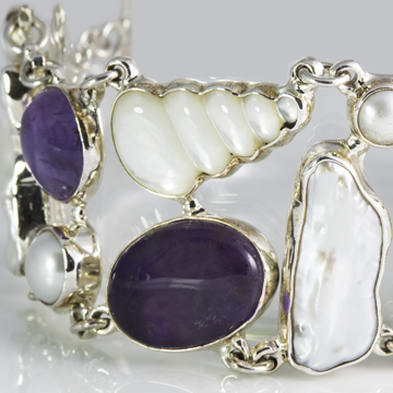 Harmony. White and purple. Sea and earth .925 Sterling silver with amethyst, mother pearl, pearl and shell.